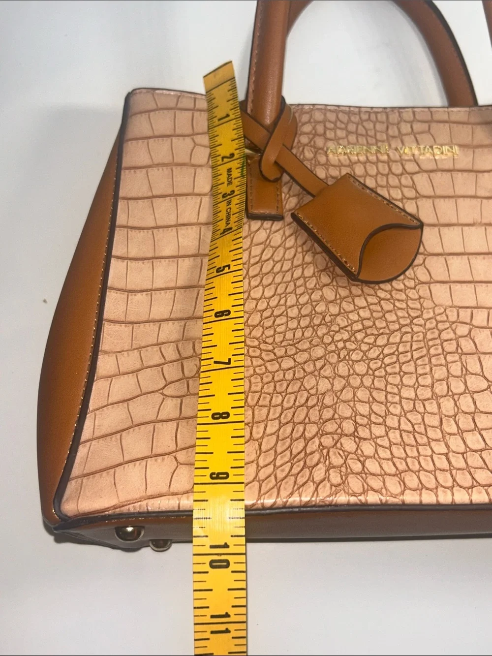 Adrienne Vittadini Tan Croc-Embossed Satchel with Cognac Trim